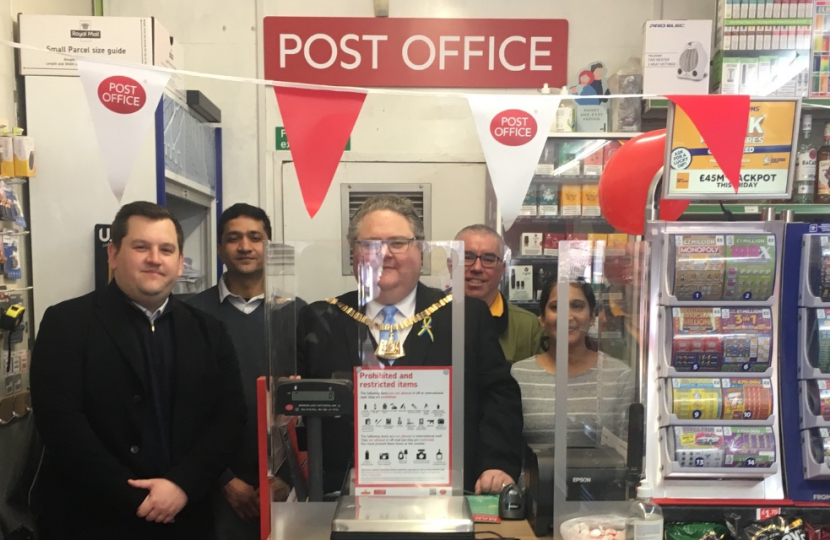 Louie French and Mayor of Bexley inside Station Road Post Office 